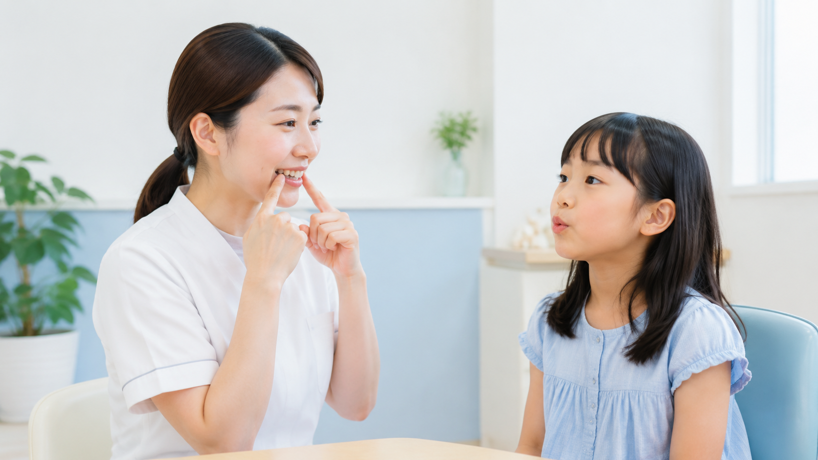 歯科スタッフが子どもへお口まわりのトレーニングを案内している様子